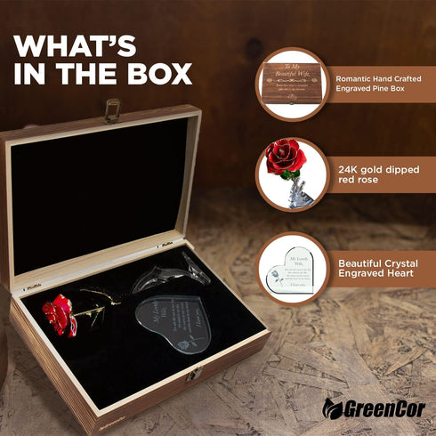 Anniversary for Her | Wife | Women – Engraved Wooden Gift Set with Crystal Engraved Heart | 24K Gold Dipped Rose